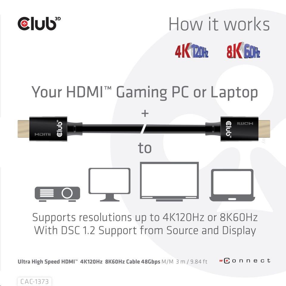 Club3D Kabel Ultra Rychlý HDMI™ Certifikovaný,  4K 120Hz,  8K60Hz,  48Gbps M/ M,  3m,  28 AWG8 