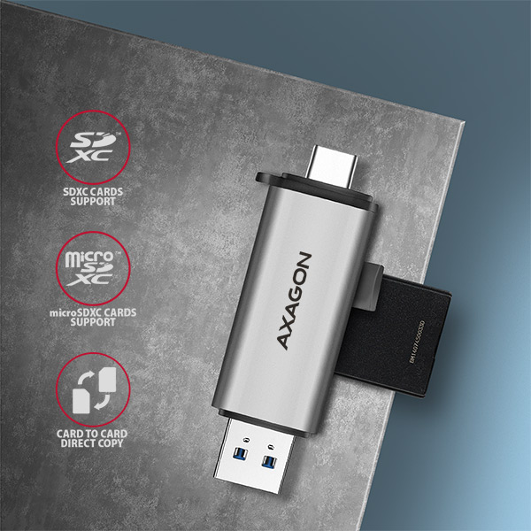 AXAGON CRE-SAC,  USB3.externá čítačka kariet SD/ microSD 2 Gen 1 Type-C + Type-A,  podpora UHS-I0 