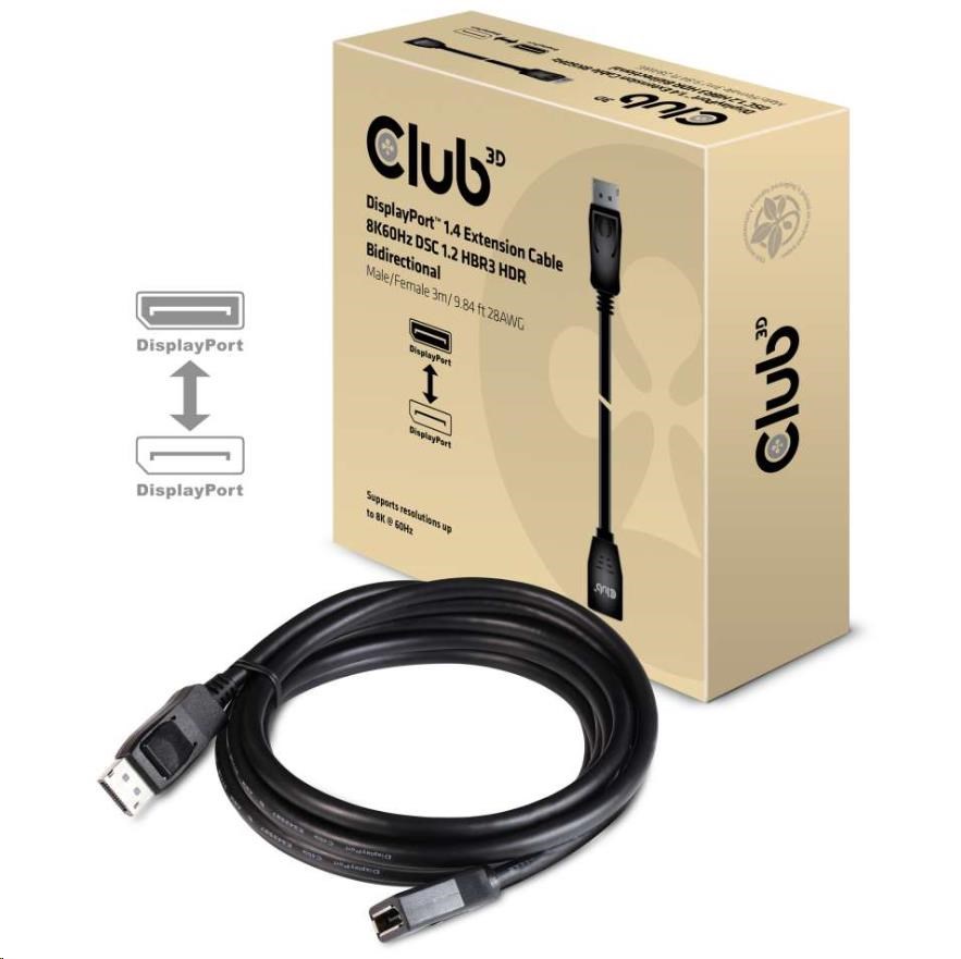 Club3D Predlžovací kábel DisplayPort 1.4 8K 60Hz DSC 1.2 HBR3 HDR obojsmerný (M/ F),  3m3 