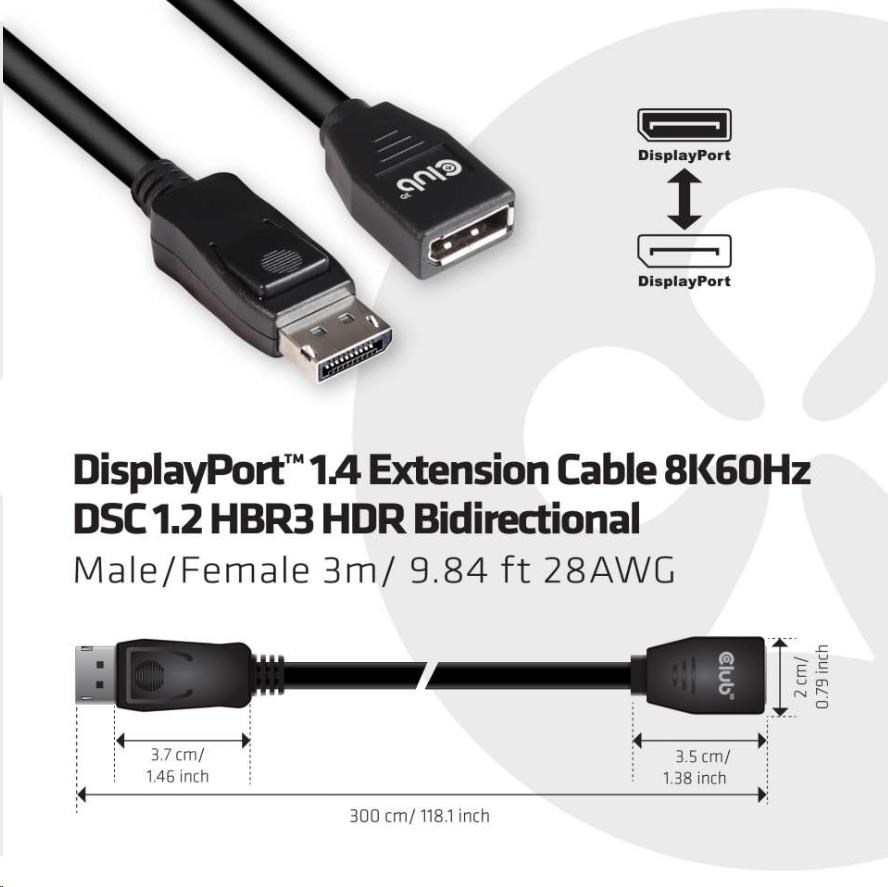 Club3D Predlžovací kábel DisplayPort 1.4 8K 60Hz DSC 1.2 HBR3 HDR obojsmerný (M/ F),  3m2 