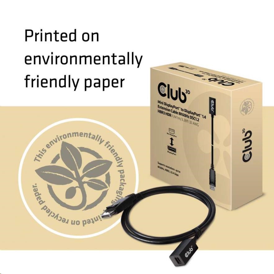 Club3D Prodlužovací kabel Mini DisplayPort 1.4 na DisplayPort 8K 60Hz DSC 1.2 HBR3 HDR Bidirectional (F/ M),  1m7 