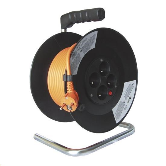 Solight prodlužovací přívod na bubnu,  4 zásuvky,  oranžový kabel,  černý buben,  20m0 