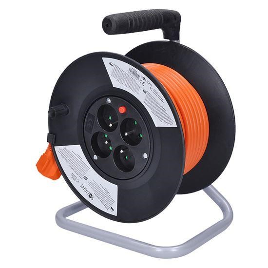 Solight prodlužovací přívod na bubnu,  4 zásuvky,  oranžový kabel,  černý buben,  20m2 