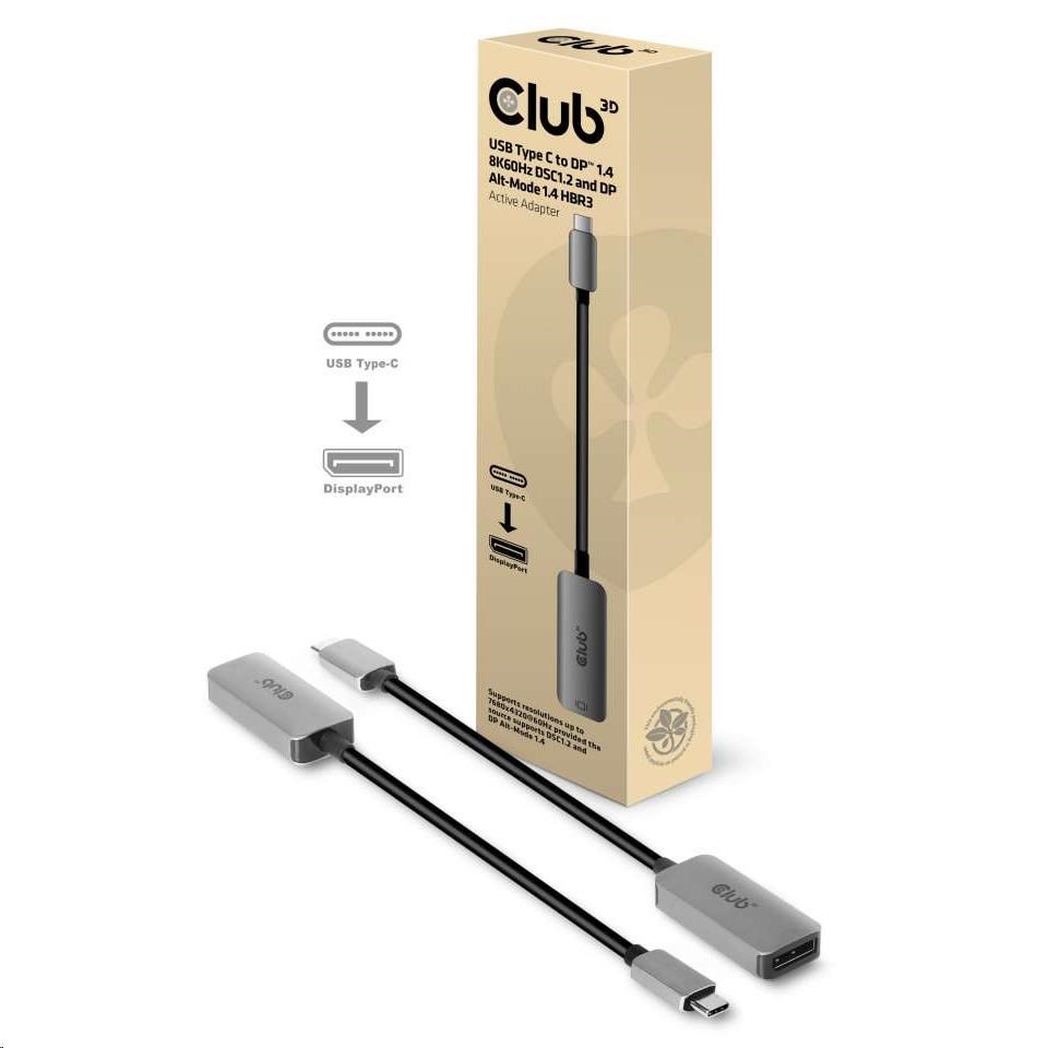 Club3D Aktívny adaptér USB-C na DisplayPort 1.4,  8K60Hz DSC1.2 HDR HBR30 
