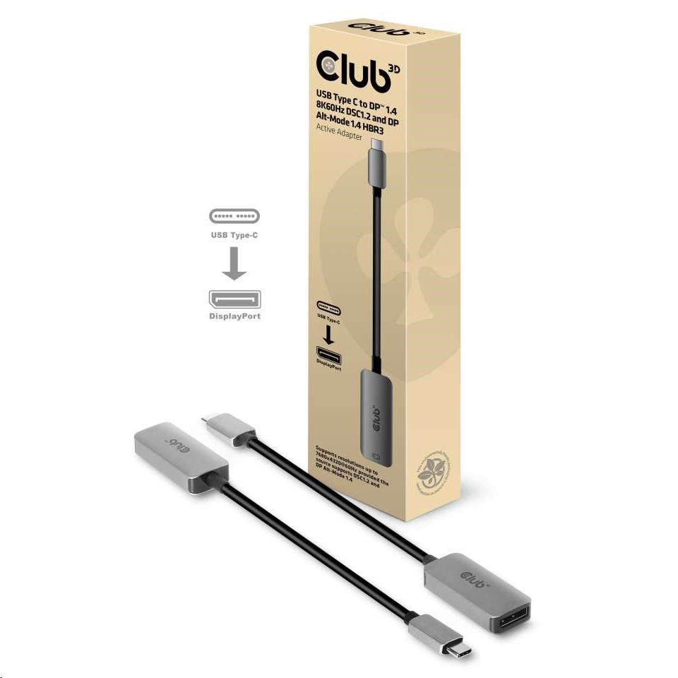 Club3D Aktívny adaptér USB-C na DisplayPort 1.4,  8K60Hz DSC1.2 HDR HBR30 