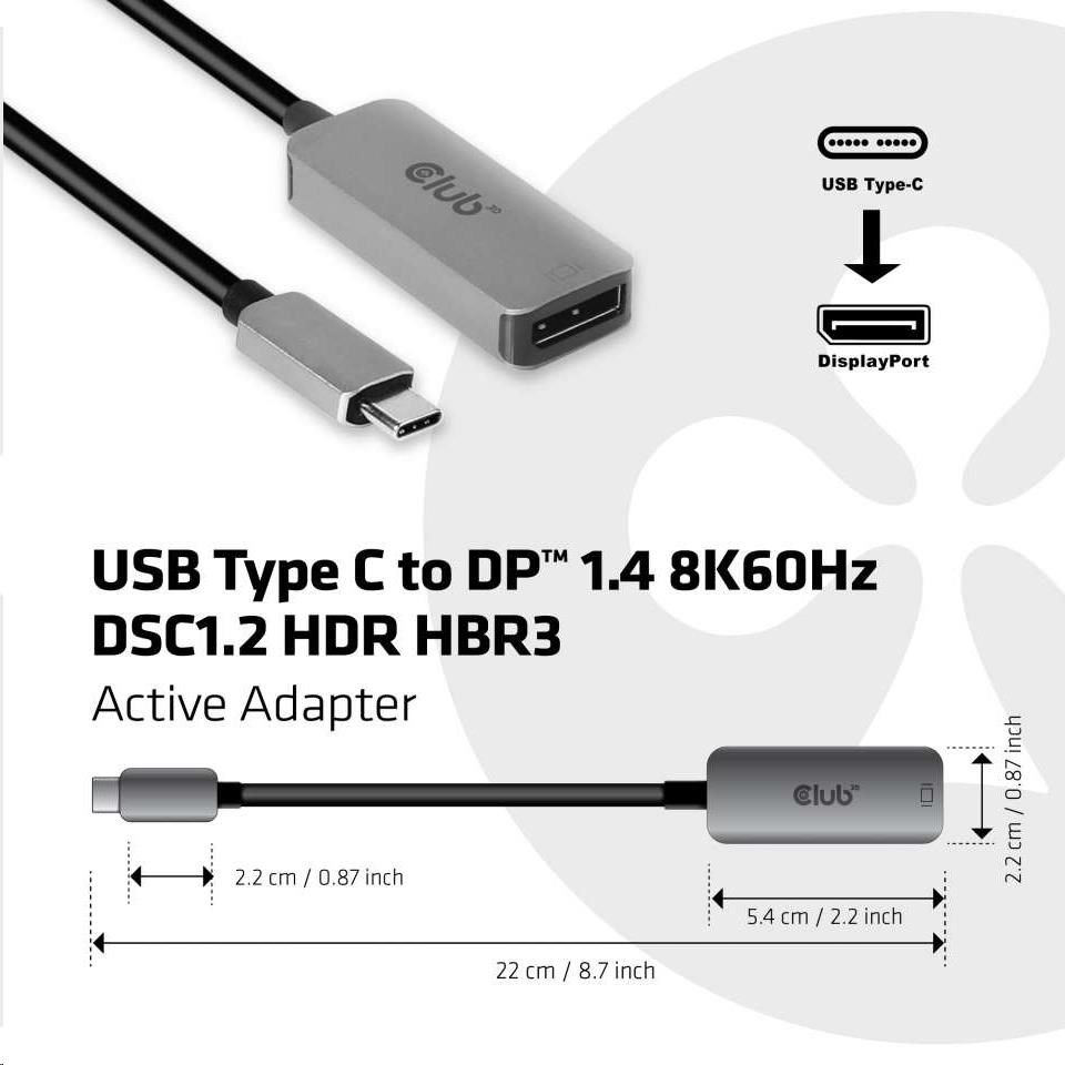 Club3D Aktívny adaptér USB-C na DisplayPort 1.4,  8K60Hz DSC1.2 HDR HBR32 