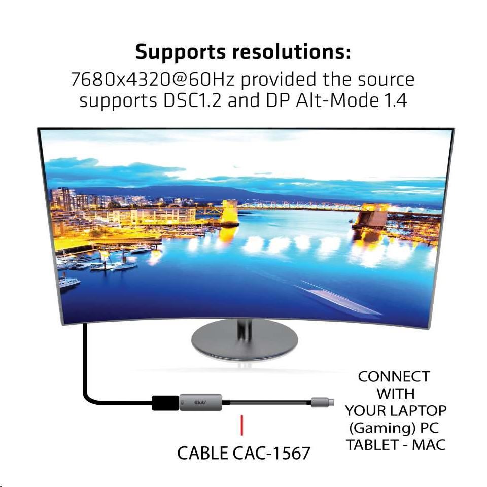 Club3D Aktívny adaptér USB-C na DisplayPort 1.4,  8K60Hz DSC1.2 HDR HBR34 