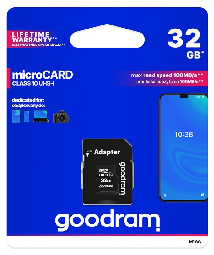 Karta GOODRAM MicroSDHC 32GB M1AA,  UHS-I Class 10,  U1 + adaptér0 