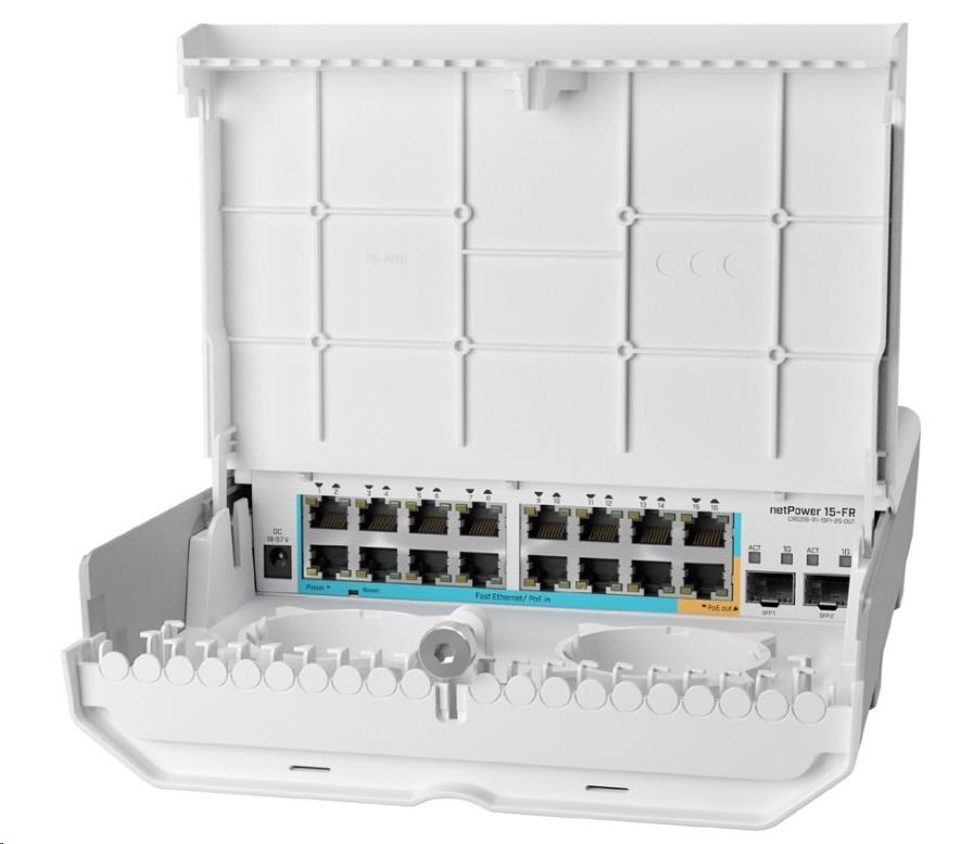 MikroTik Cloud Router Switch CRS318-1Fi-15Fr-2S-OUT,  800MHz CPU,  256MB,  16x10/ 100 (PoE-in, 1x out), 2xSFP,  vrátane.L5,  vo1 