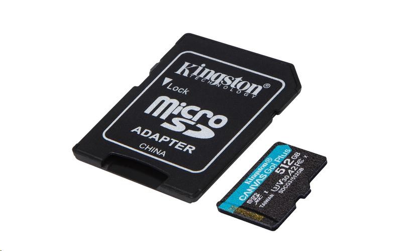 Kingston MicroSDXC karta 512GB Canvas Go! Plus, R:170/W:90MB/s, Class 10, UHS-I, U3, V30, A2 + Adaptér1 