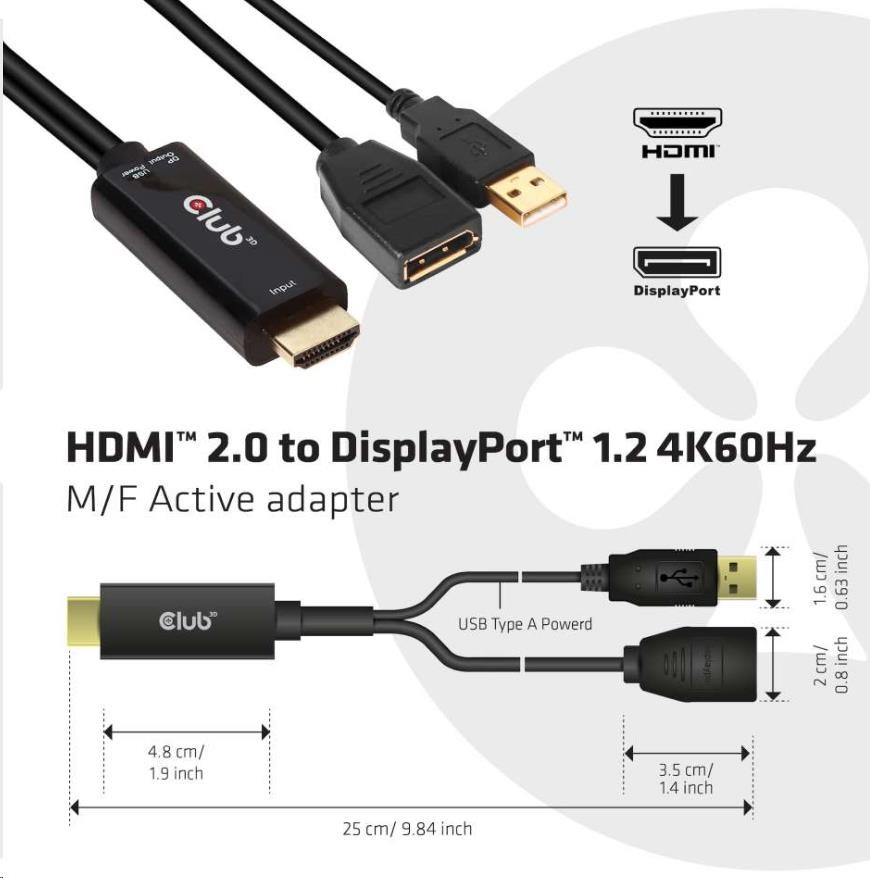 Club3D Aktívny adaptér HDMI na DisplayPort 4K60Hz,  M/ F3 