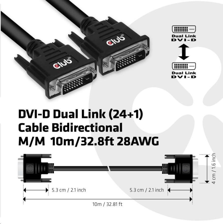 Club3D DVI-D Dual Link kábel (24+1),  10 m,  obojsmerný,  28 AWG3 
