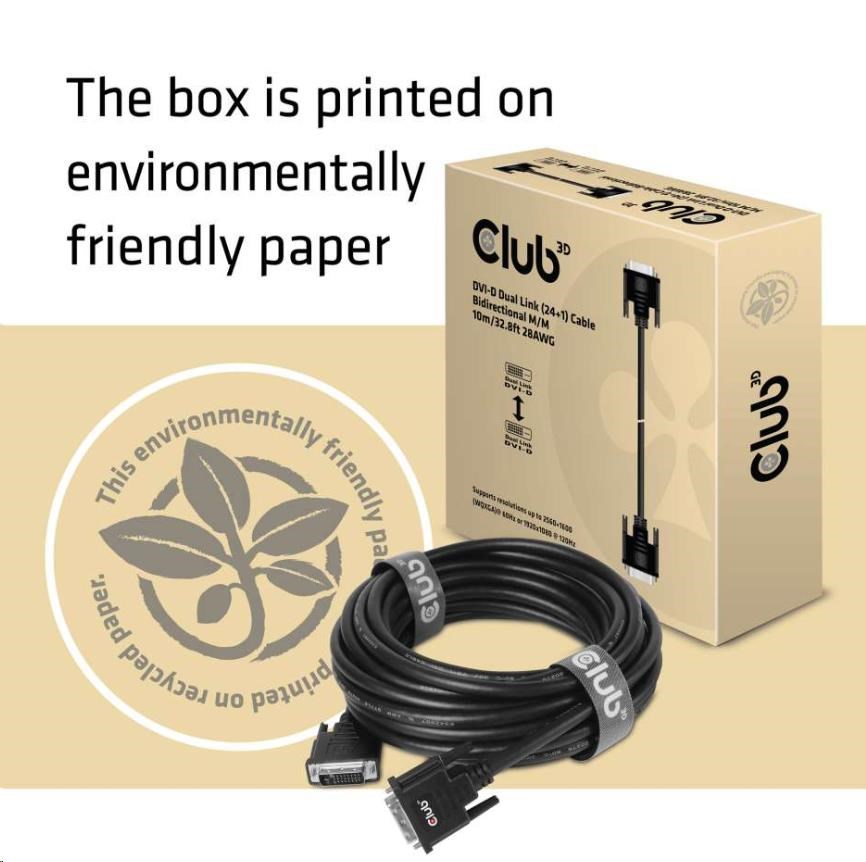 Club3D DVI-D Dual Link kábel (24+1),  10 m,  obojsmerný,  28 AWG5 