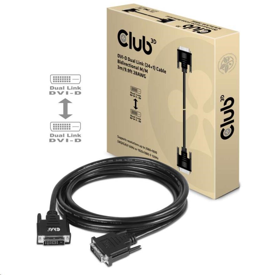 Club3D DVI-D Dual Link kábel (24+1),  3 m,  obojsmerný,  28 AWG4 