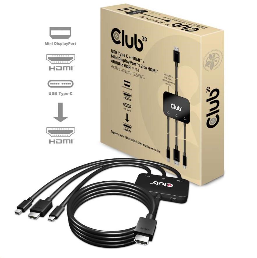 Club3D Active USB Type-C + Mini DP adaptér 1.2+ HDMI na HDMI 4K60Hz HDR,  M/ M,  32AWG8 