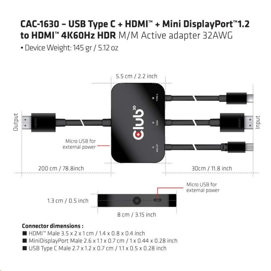 Club3D Active USB Type-C + Mini DP adaptér 1.2+ HDMI na HDMI 4K60Hz HDR,  M/ M,  32AWG2 