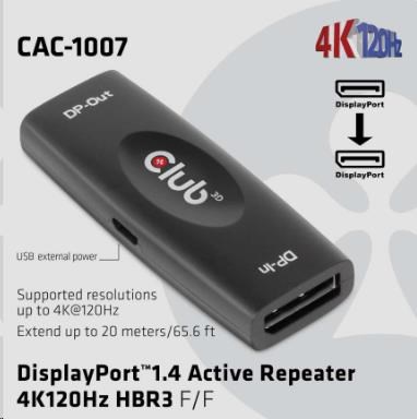 Club3D Adaptér aktivní DisplayPort 1.4 Repeater 4K120HZ HBR3 (F/ F),  černá1 