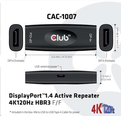 Club3D Adaptér aktivní DisplayPort 1.4 Repeater 4K120HZ HBR3 (F/ F),  černá3 