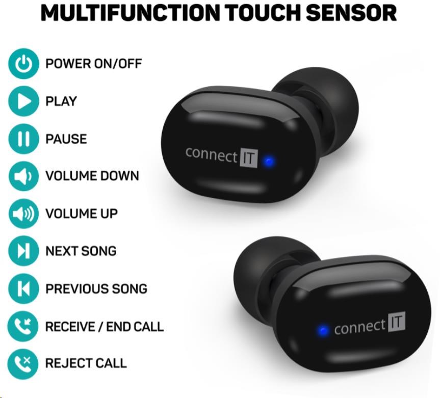 CONNECT IT True Wireless SensorTouch sluchátka do uší s mikrofonem,  černá4 