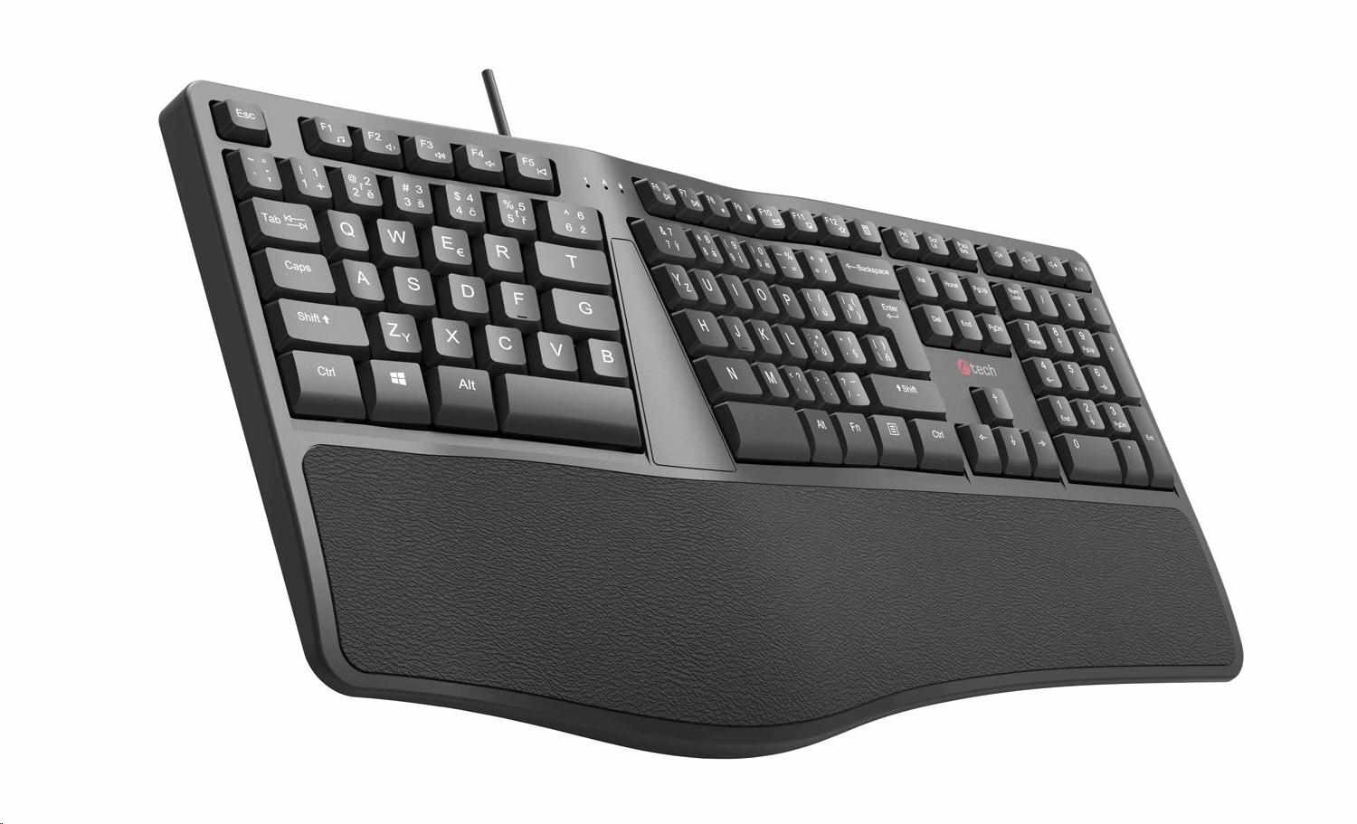 C-TECH Klávesnice KB-113E USB,  ERGO,   černá,  CZ/ SK0 