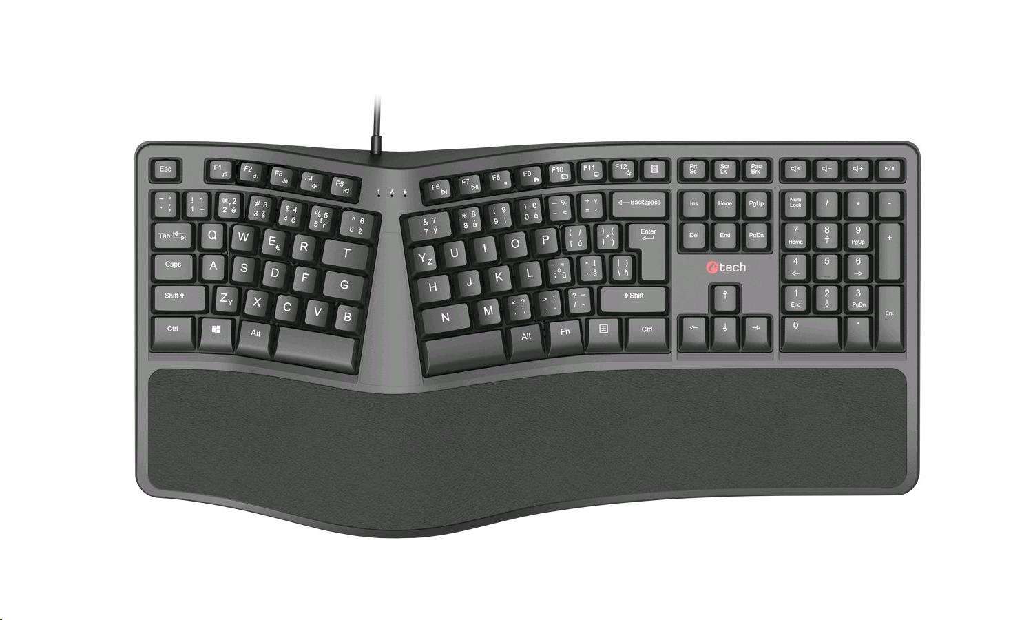 C-TECH Klávesnice KB-113E USB,  ERGO,   černá,  CZ/ SK1 
