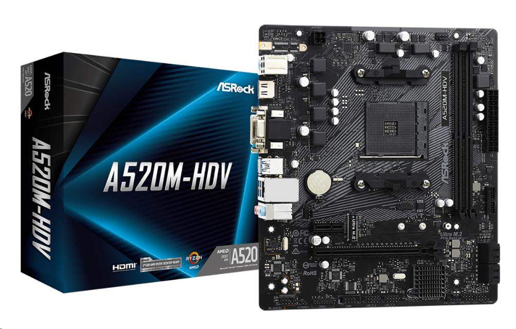 ASRock MB Sc AM4 A520M-HDV,  AMD A520M,  2xDDR4,  HDMI,  DVI0 
