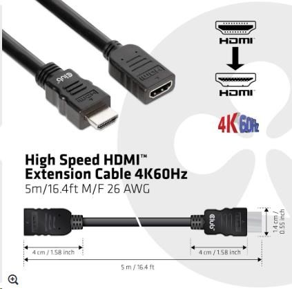 Club3D Kabel prodlužovací Rychlý HDMI 4K60HZ (M/ F),  5m,  černá,  26 AWG0 