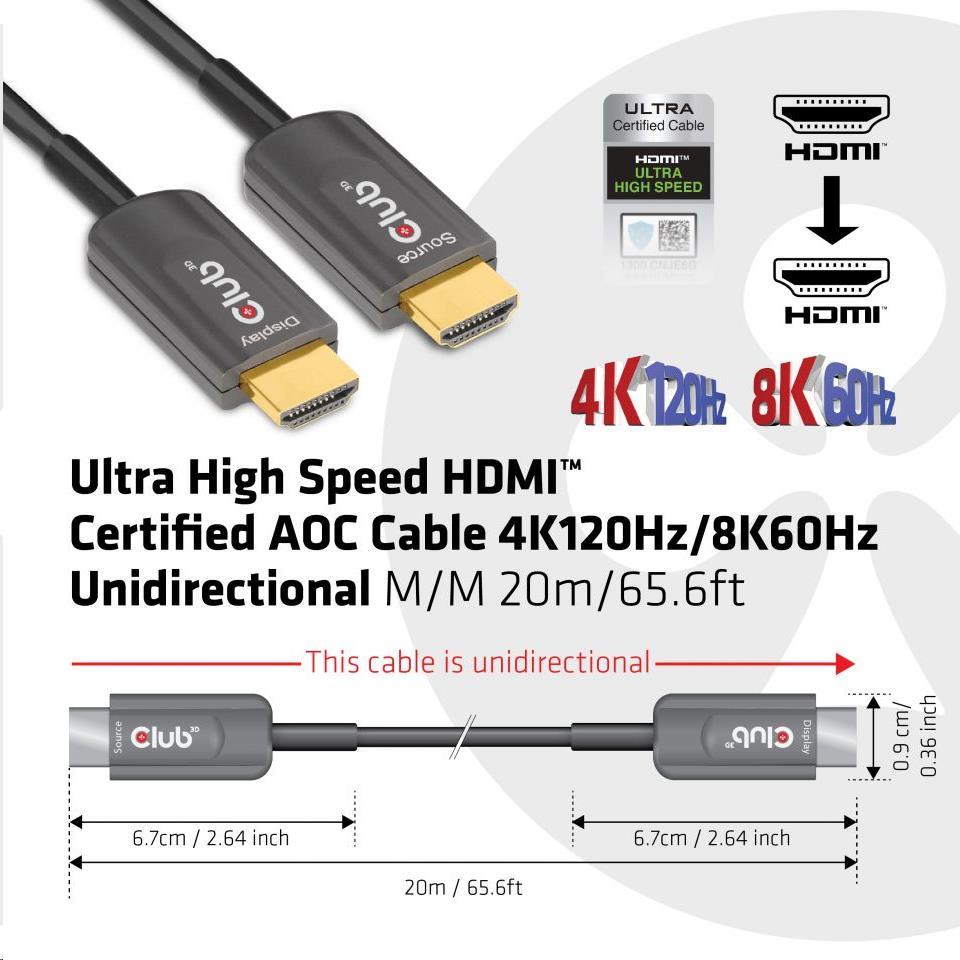 Club3D Kabel prodlužovací Ultra Rychlý HDMI™ Certifikovaný AOC kabel 8K60Hz (M/ M),  4K120Hz,  20m,  černá5 