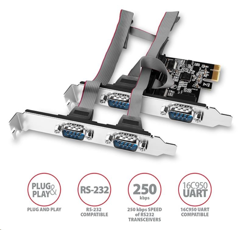 AXAGON PCEA-S4N,  PCIe radič - 4x sériový port (RS232) 250 kbps,  vrátane. LP1 