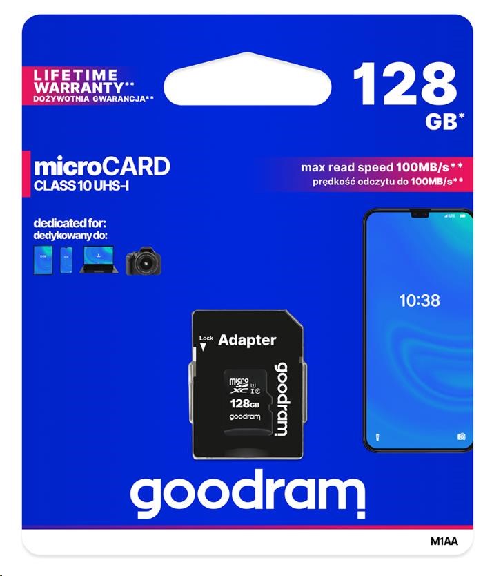 Karta GOODRAM microSDXC 256GB M1AA (R:100/ W:10 MB/ s),  UHS-I Class 10,  U1 + adaptér1 