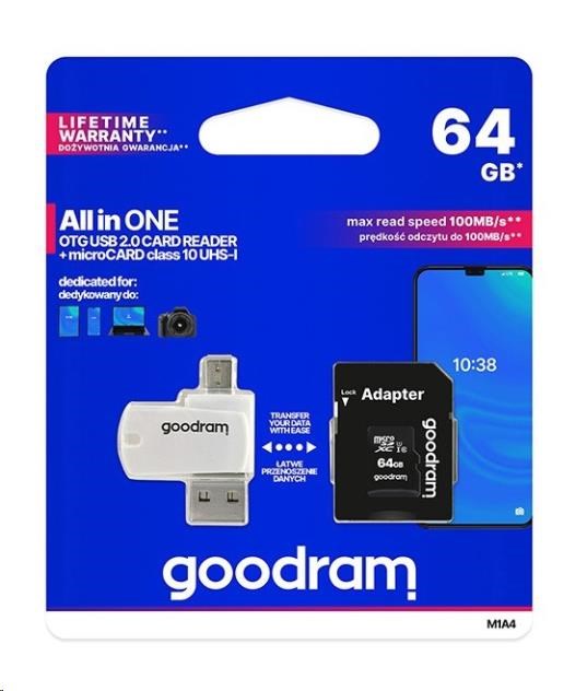 GOODRAM microSDXC karta 64GB M1A4 All-in-one (R:100/ W:10 MB/ s),  UHS-I Class 10,  U1 + Adapter + OTG card reader/ čtečka1 