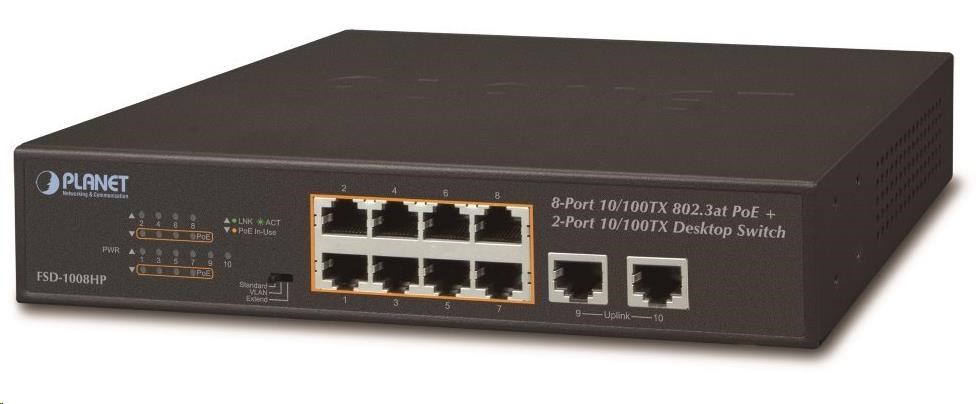 Planet FSD-1008HP Switch,  PoE 8x PoE 802.3at 120W+ 2x 100Base-TX, VLAN, extend mód 10Mb/ s do 250m,  fanless0 