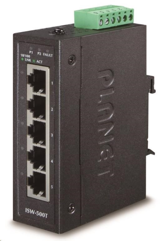 Planet ISW-500T Switch, 5x 10/ 100Base-TX, ESD, DIN, IP30, -40~75°C