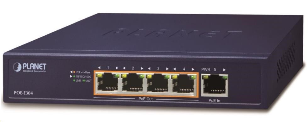 Planet POE-E304 PoE extender, 1xPoE-in, 4xPoE-out 65W, 802.3bt/at/af, Gigabit0 