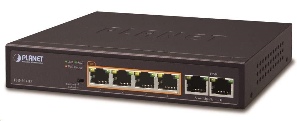 Planet FSD-604HP Switch,  4x PoE 802.3at 60W+ 2x 100Base-TX,  VLAN,  extend mód 10Mb/ s do 250m,  fanless,  ESD0 