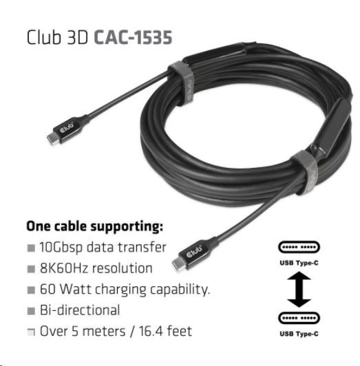 Kábel USB Club3D 3.2 Gen2 Type-C to C Active Bi-directional (M/ M) 8K60Hz,  5m2 
