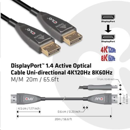 Club3D DisplayPort kábel 1.4 Aktívne optické jednosmerné 4K120Hz 8K60Hz (M/ M),  20m2 