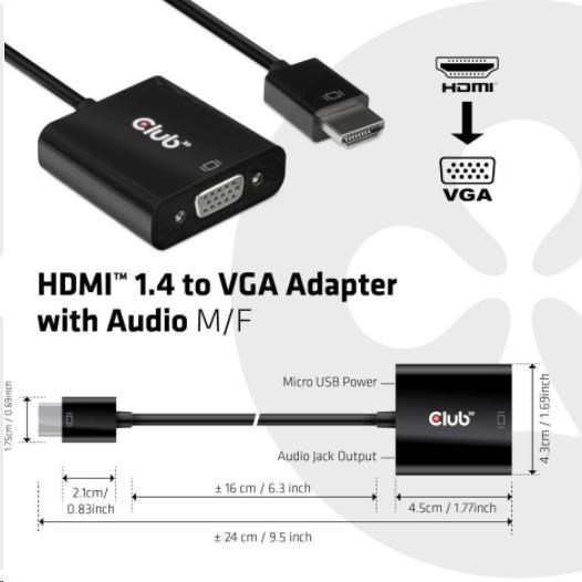 Adaptér HDMI Club3D 1.4 na VGA (M/ F),  aktívne so zvukom1 