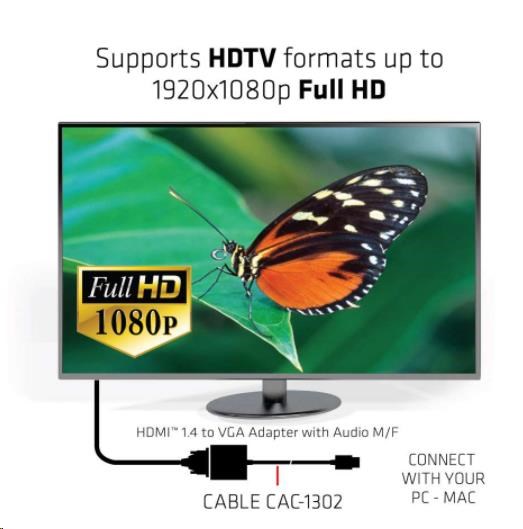 Adaptér HDMI Club3D 1.4 na VGA (M/ F),  aktívne so zvukom3 