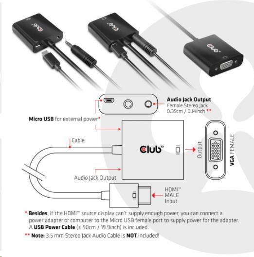 Adaptér HDMI Club3D 1.4 na VGA (M/ F),  aktívne so zvukom4 