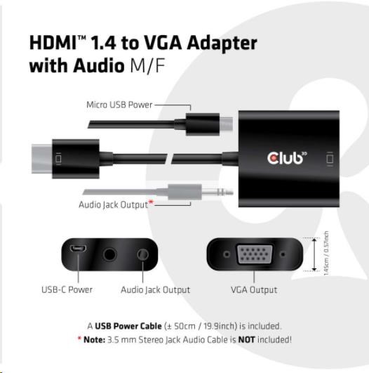 Adaptér HDMI Club3D 1.4 na VGA (M/ F),  aktívne so zvukom6 