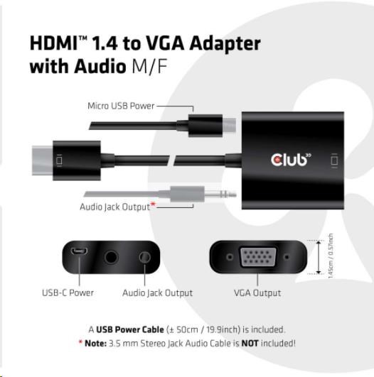 Adaptér HDMI Club3D 1.4 na VGA (M/ F),  aktívne so zvukom5 