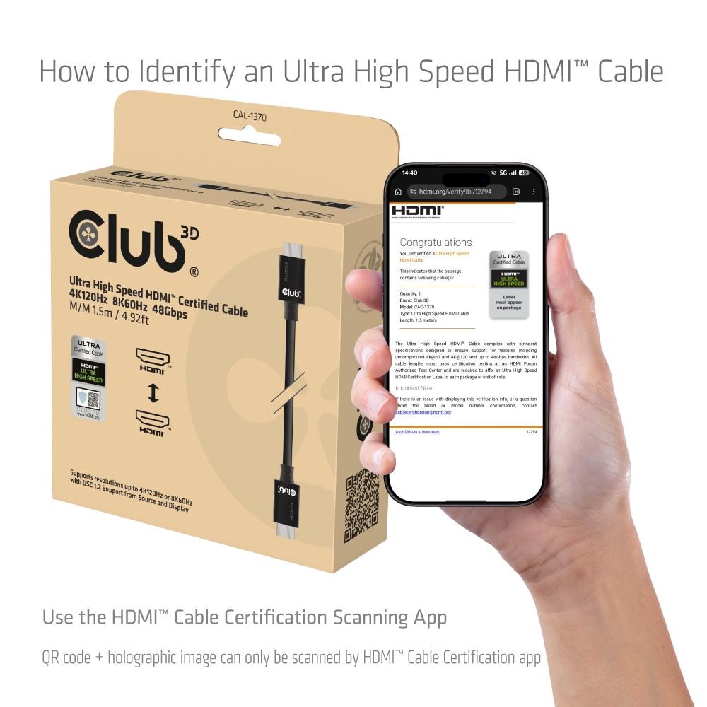 Club3D Adaptér HDMI 2.1 Ultra Rychlý HDMI™ Certifikovaný 4K120Hz,  8K60Hz,  48Gbps (M/ M 1.5 m/ 4.92 ft),  28 AWG5 