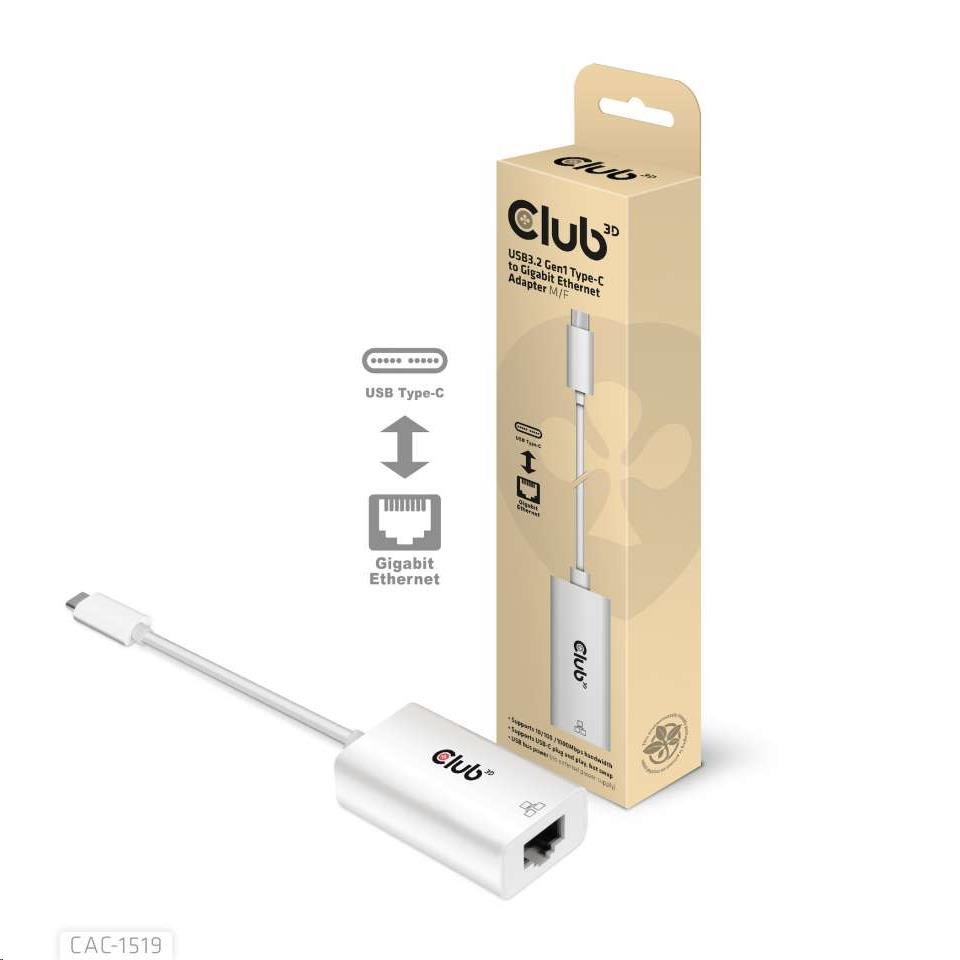 Aktívny USB adaptér Club3D 3.2 Typ C na LAN (Gigabit Ethernet - 1Gb),  20 cm0 
