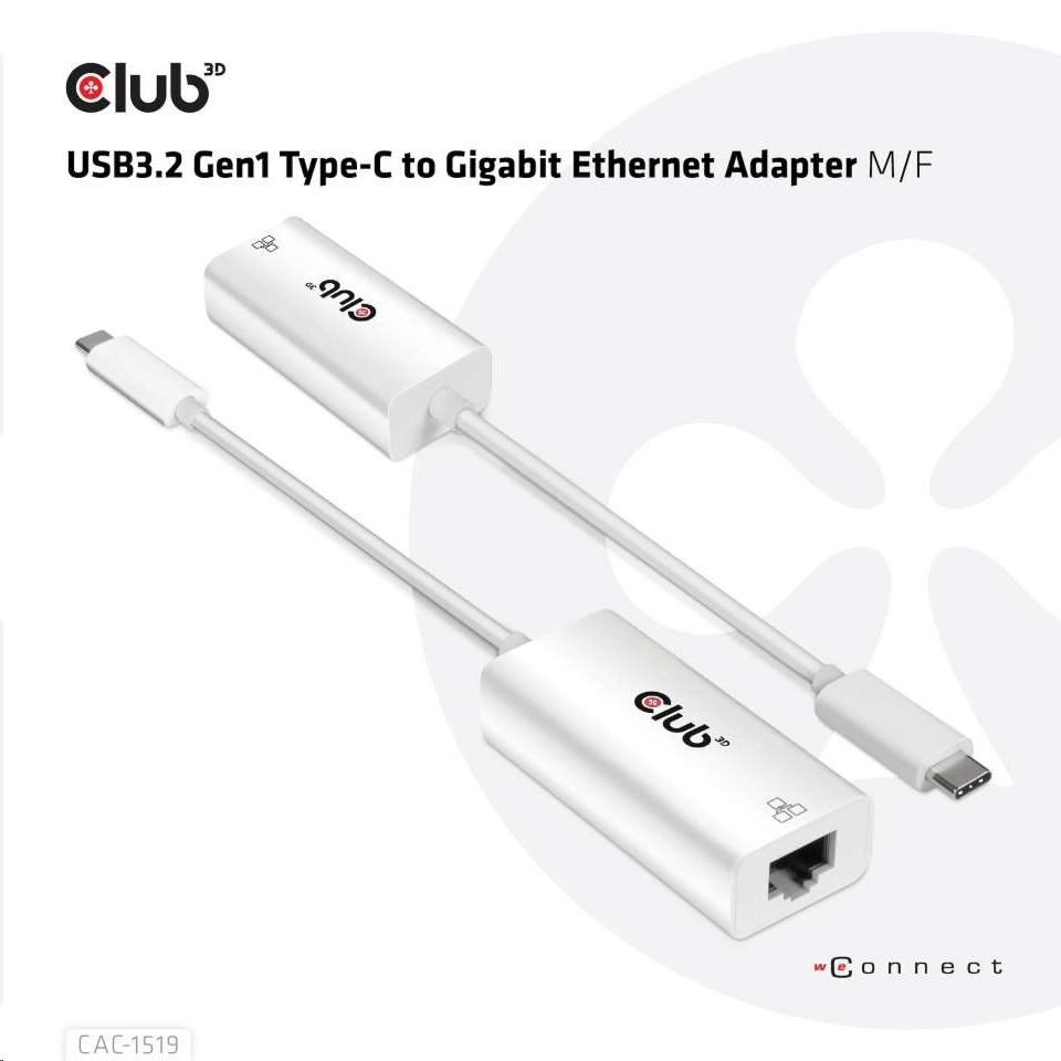 Aktívny USB adaptér Club3D 3.2 Typ C na LAN (Gigabit Ethernet - 1Gb),  20 cm1 