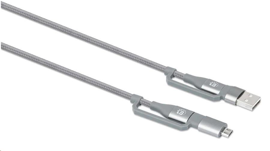 MANHATTAN kábel 4 v 1,  nabíjací a synchronizačný kábel USB,  480 Mb/ s,  3A/ 60W,  1 m,  opletený dizajn,  sivý3 