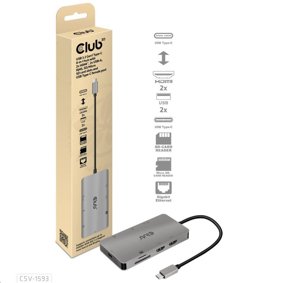 Dokovacia stanica Club3D 8v1 USB 3.2 porty typu C (2xHDMI,  2xUSB-A,  RJ45,  SD/  Micro SD USB Type-C female),  Triple Dynam2 