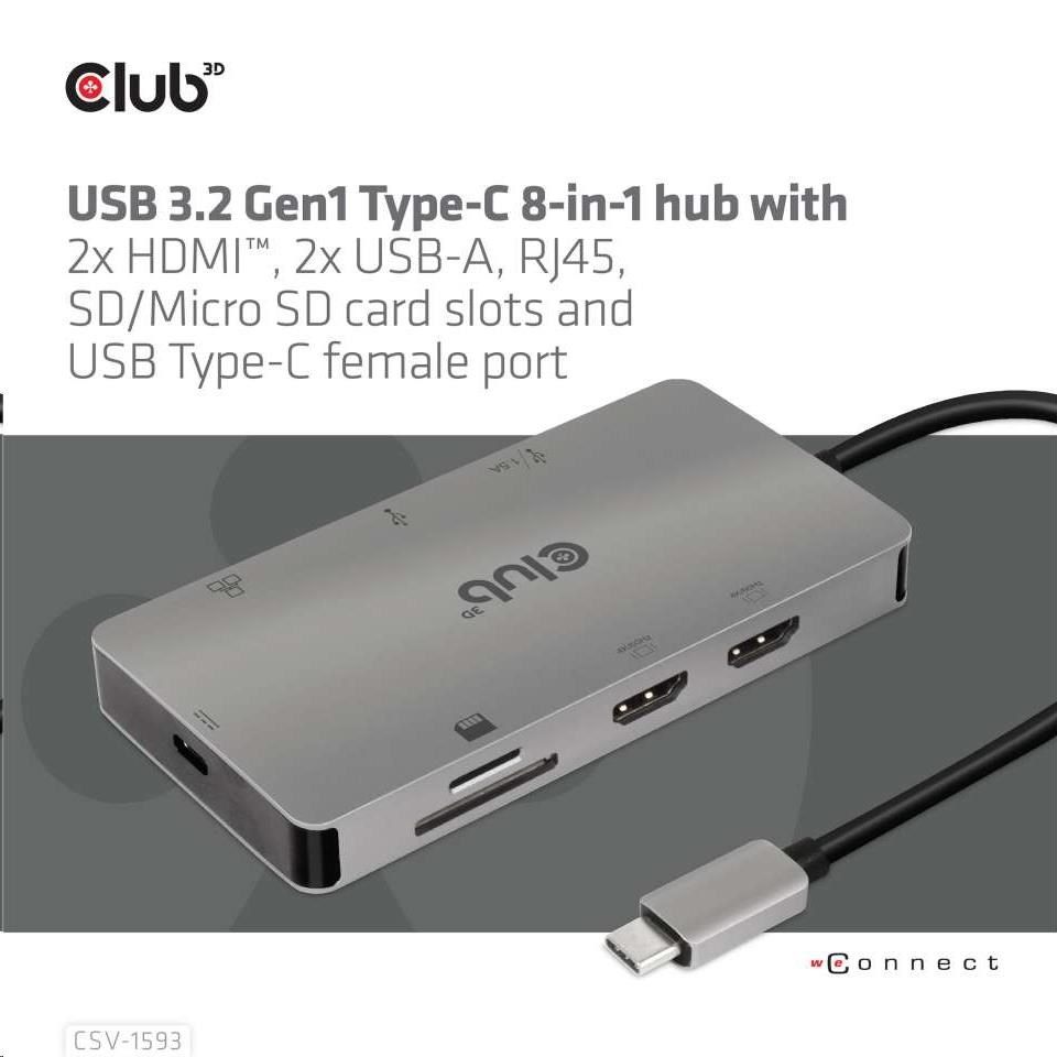 Dokovacia stanica Club3D 8v1 USB 3.2 porty typu C (2xHDMI,  2xUSB-A,  RJ45,  SD/  Micro SD USB Type-C female),  Triple Dynam0 