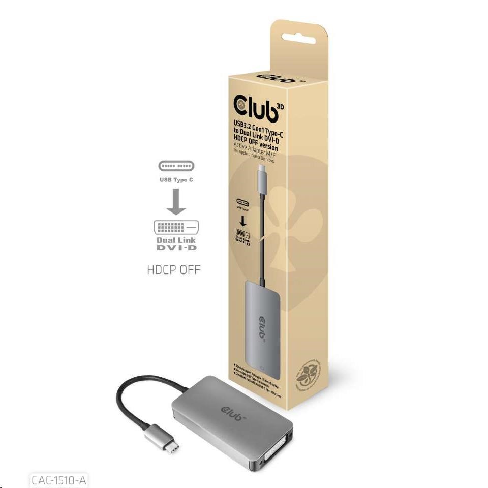 Aktívny USB adaptér Club3D 3.2 Dvojlinkové prepojenie DVI-D typu C 4K30Hz pre Apple Cinema Display,  HDCP vypnuté3 