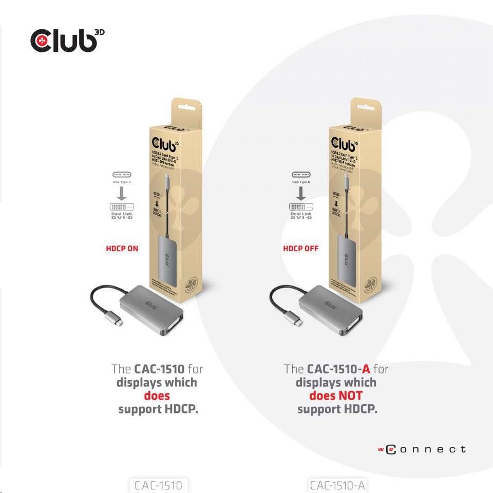 Aktívny USB adaptér Club3D 3.2 Dvojlinkové prepojenie DVI-D typu C 4K30Hz pre Apple Cinema Display,  HDCP vypnuté2 